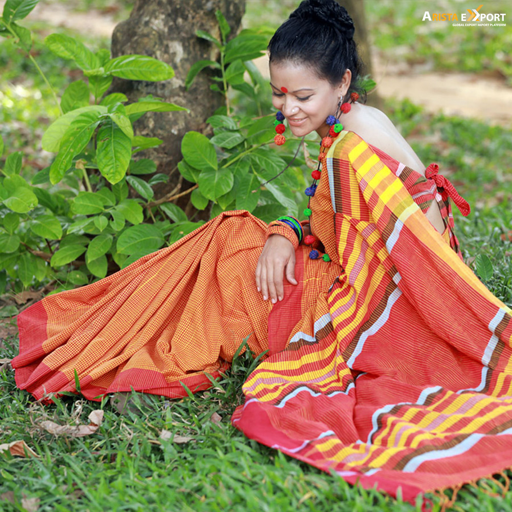 Yellow & Maroon shade Handloom Cotton Saree for woman 